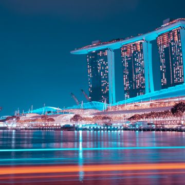 Marina Bay Sands, Hotel, Singapore, Blue hour, Night lights, Waterfront, Reflection, Modern architecture, Blue Sky, 5K