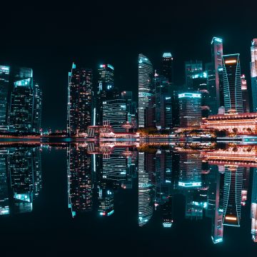 Singapore City, Skyscrapers, Modern architecture, Night life, City lights, Reflection, Symmetrical, Buildings, Body of Water, 5K