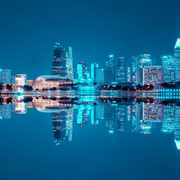 City Skyline, Singapore, Blue hour, Night life, Cityscape, Reflection, Symmetrical, Body of Water, Skyscrapers, Blue Sky, City lights, Modern architecture, 5K