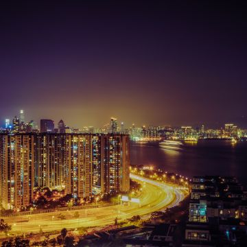 Quarry Bay Park, Hong Kong City, Cityscape, Night time, City lights, Highway, Buildings, Skyscrapers, Sea, Purple sky, Body of Water