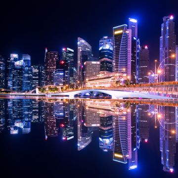 Singapore, City Skyline, Skyscrapers, Modern architecture, Body of Water, Reflection, Symmetrical, Cityscape, Night time, City lights, Beautiful, 5K