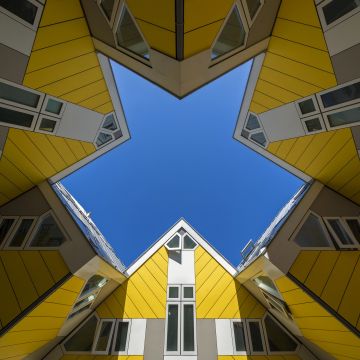 Cube Buildings, Rotterdam, Netherlands, Yellow, Geometrical, Symmetry, Blue Sky, Look up