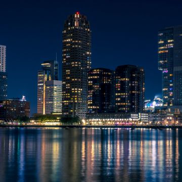 City Skyline, Rotterdam, Netherlands, Nightscape, Cityscape, Body of Water, Reflection, Night lights, Skyscrapers, Modern architecture, Blue hour