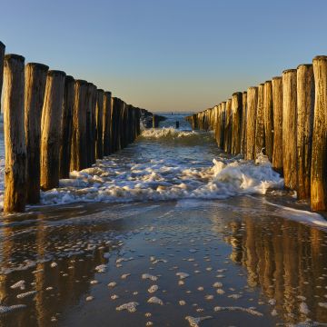 Breskens Beach, Holland, Netherlands, Breakwaters, Sea, Ocean, Waves, Seascape, Woods, Pattern, Evening, Sunset, Coast, 5K