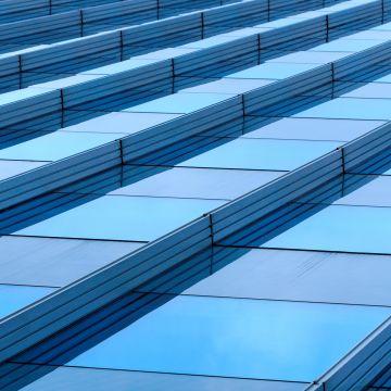 Haagsche Zwaan, Hague, Netherlands, Look up, Pattern, Blue, Glass Architecture, Stripes, 5K