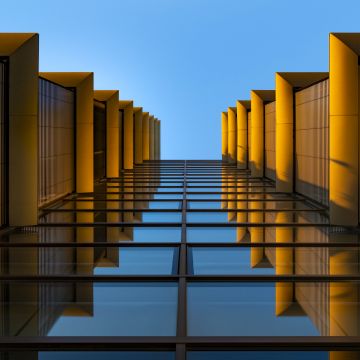 Modern architecture, Look up, Reflection, Glass building, Symmetrical, Blue, Orange, Exterior, Blue Sky, 5K