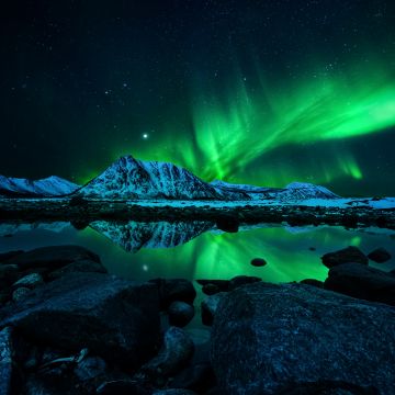 Aurora Borealis, Night, Northern Lights, Mountains, Cold, Lake, Reflection, Starry sky, 5K