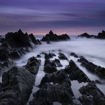Atlantic coast, Rocky coast, Foggy, Mist, Evening, Dusk, Hartland Quay, Devon, United Kingdom, Scenic, Purple sky, 5K