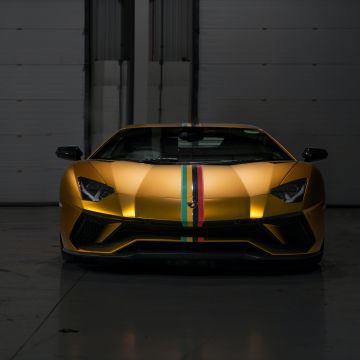 Lamborghini Aventador, 8K, Sports cars, Golden yellow, Dark background, 5K