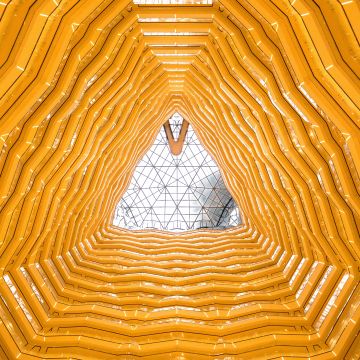 Tall atrium, Yellow, Glass Ceiling, Pattern, Modern architecture, Low Angle Photography, Interior, 5K