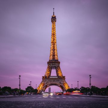 Eiffel Tower, Aesthetic, Paris, France, Evening, Purple sky, Lights, Iconic