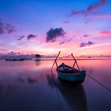 Rowing boat, Sunset, Body of Water, Beach, Reflection, Evening, Dawn, Ocean, Purple sky, Clouds, Seascape, Aesthetic, 5K