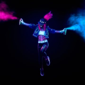 KDA, League of Legends, Neon, Smoke, Black background, Cosplay