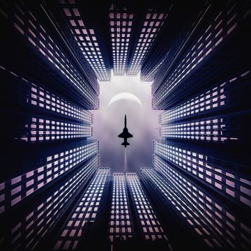 Jet fighter, Moon, Buildings, Looking up at Sky, 5K