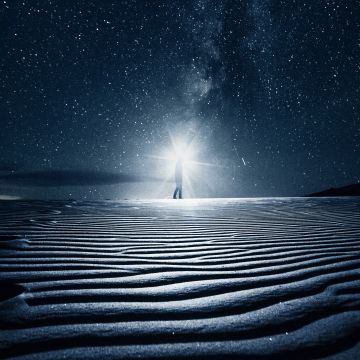 Night, Starry sky, Light, Desert, Sand Dunes, 5K