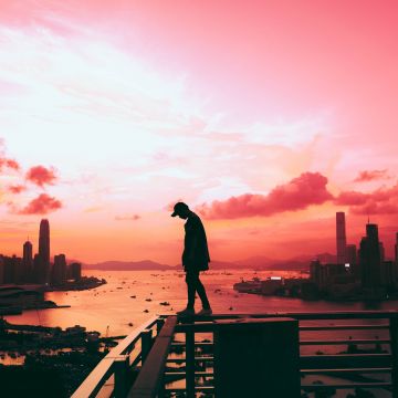 Alone, Silhouette, Cityscape, Hong Kong City, Pink sky, Skyscrapers, River, Person, Standing, Clouds, Sunset