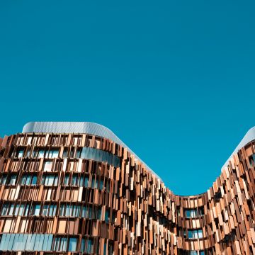 Assago Milanofiori Nord, Milan, Italy, Modern architecture, Brown building, Blue Sky, Clear sky, Office building, Pattern, 5K, Metro station