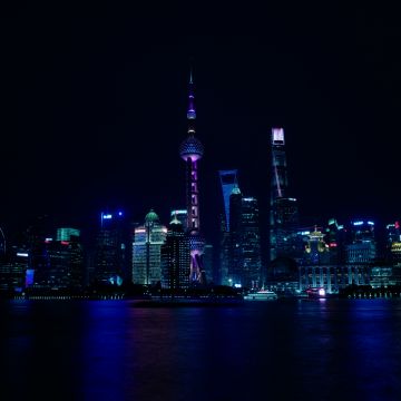 Shanghai City, China, Cityscape, Body of Water, Reflection, Night time, City lights, Skyscrapers, Dark background, 5K