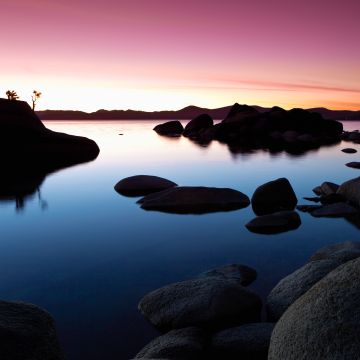 Landscape, Rocks, Lake, Sunset, Dusk, Pink sky, Body of Water, Reflection, Clear sky, 5K