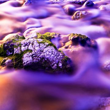 Aesthetic, Water Stream, Moss, Purple background, Long exposure, Rock, Closeup Photography, Gradient, Beautiful, 5K