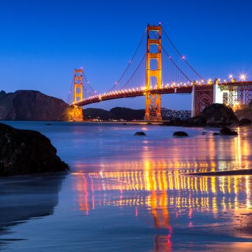 Golden Gate Bridge, Reflection, Body of Water, Night lights, Blue Sky, Clear sky, Landscape, Dusk, Rocks, 5K