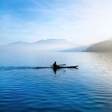 Annecy feeds, Kayak, France, Lake, Glider, Sailor, River, Waterfront, Mountains, Landscape, Foggy, Blue Sky, 5K