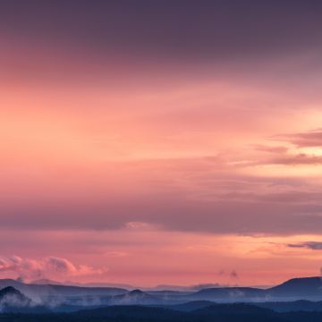 Pink sky, Sunset, Mountains, Landscape, Fog, Clouds, Dusk, Sky view, 5K, 8K
