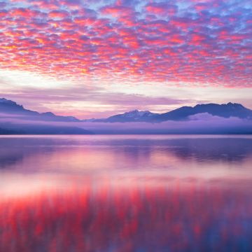 Pink clouds, Reflection, Lake, Body of Water, Mountains, Landscape, Scenery, Fog, 5K