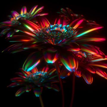 Digital flower, 3D model, Neon, CGI, Cyberpunk, Black background, Glowing