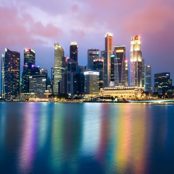 Singapore, Cityscape, Buildings, Skyscrapers, Reflection, Body of Water, Night, City lights, Skyline, Colorful, 5K