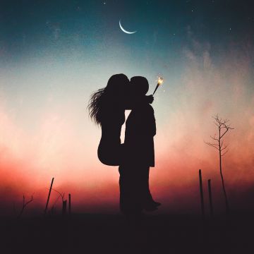 Couple, Backlit, Romantic kiss, Silhouette, Sunset, Pair, Together, Romance, First kiss, Sparklers, Crescent Moon