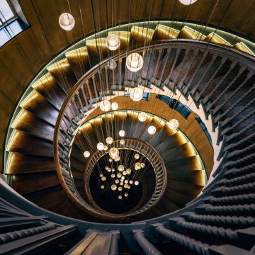 Wooden stairs, Aesthetic, Spiral staircase, Hanging lights, Chandelier, Modern lighting