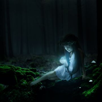 Cute Girl, Enchanted, Forest, Magical, Surreal, Glowing, Smiling girl, Fairy, Night, Dark