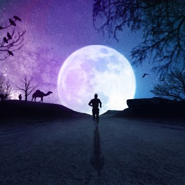 Full moon, Neon, Aesthetic, Silhouette, Running, Starry sky, Night, Road