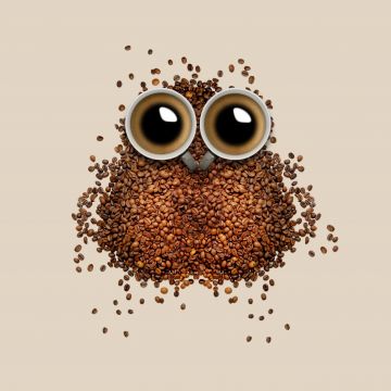 Coffee beans, Owl, Coffee cup, Brown background, Drinks, Caffeine, Beautiful, 5K, 8K, Pastel background, Pastel brown, Brown aesthetic