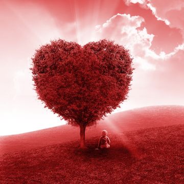 Landscape, Heart tree, Red background, Child, Dream, Clouds, Red Sky, Aesthetic