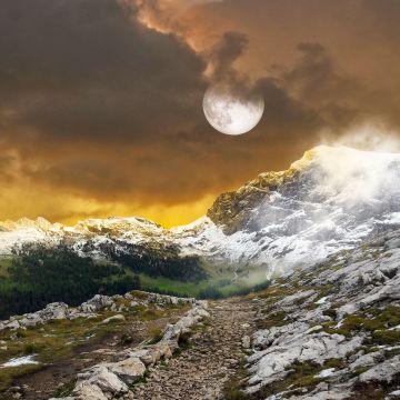Mountains, Landscape, Full moon, Hiking trail, Pathway, Snow covered, Dark clouds, Fog, Meadow, 5K