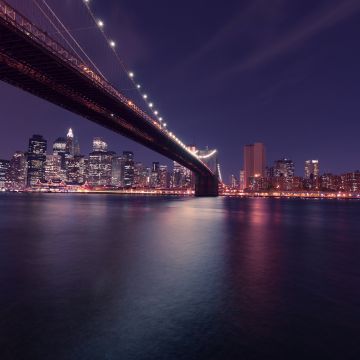 Brooklyn Bridge, United States, New York, Body of Water, Cityscape, Night time, City lights, Reflection, Skyscrapers, City Skyline