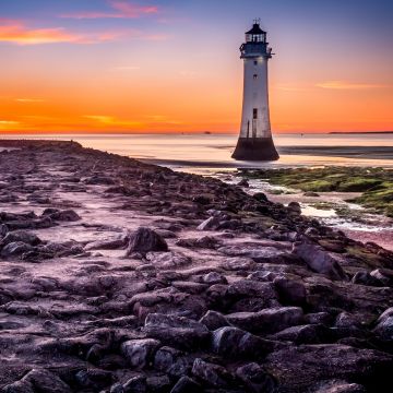 Lighthouse, Beach, Rocky coast, Sunset, Blue hour