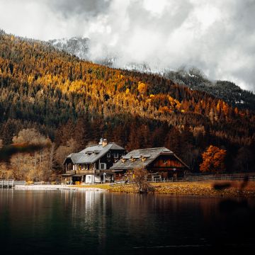 Wooden House, Lakeside, Autumn trees, Countryside, Mountain, Foggy, Glacier, Water, Landscape, 5K