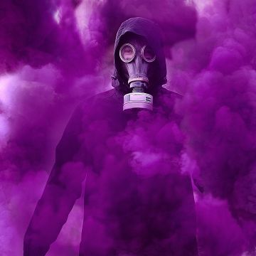 Gas mask, Smoke, Hoodie, Person in Black, Purple Smoke, Protective Gear, 5K