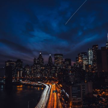 New York City, United States, Cityscape, Night time, City lights, Metropolitan, Dark background, Skyscrapers, Light trails, Dark clouds, Blue Sky, 5K