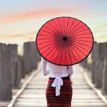 Red Umbrella, Burmese woman, Wooden pier, Girl, Traditional, Culture, Myanmar, Blur, Bridge, 5K, 8K