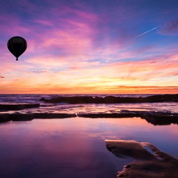 Hot air balloon, Sunset, Silhouette, Water, Landscape, Dusk, Orange sky, Star trail
