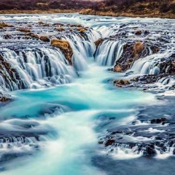 Bruarfoss Waterfall, Iceland, River Stream, Blue Water, Landscape, Scenery, Famous Place, Long exposure, Beautiful, 5K