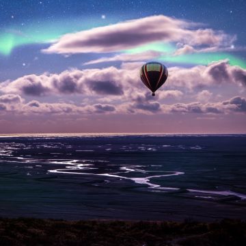 Hot air balloon, Aurora Borealis, Northern Lights, Clouds, Landscape, Dusk, Starry sky, 5K