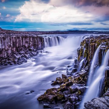 Selfoss Waterfall, Iceland, Landscape, River Stream, Long exposure, Tourist attraction, Travel, Rocks, Cliffs, Evening, Scenery, 5K