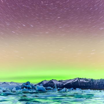 Jokulsarlon Glacier Lagoon, 5K, Iceland, Aurora Borealis, Star Trails, Timelapse, Snow covered, Mountains, Green Sky, Purple, Circular