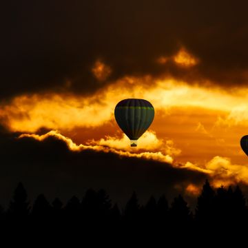 Hot air balloons, Sunset, Flying, Travel, Vacation, Dusk, Adventure, Dark clouds, Dark background, 5K, 8K