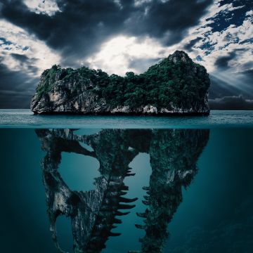 Dinosaur Skull, Island, Mystery, Ocean, Hidden, Underwater, Clouds, Imagination, Blue Water